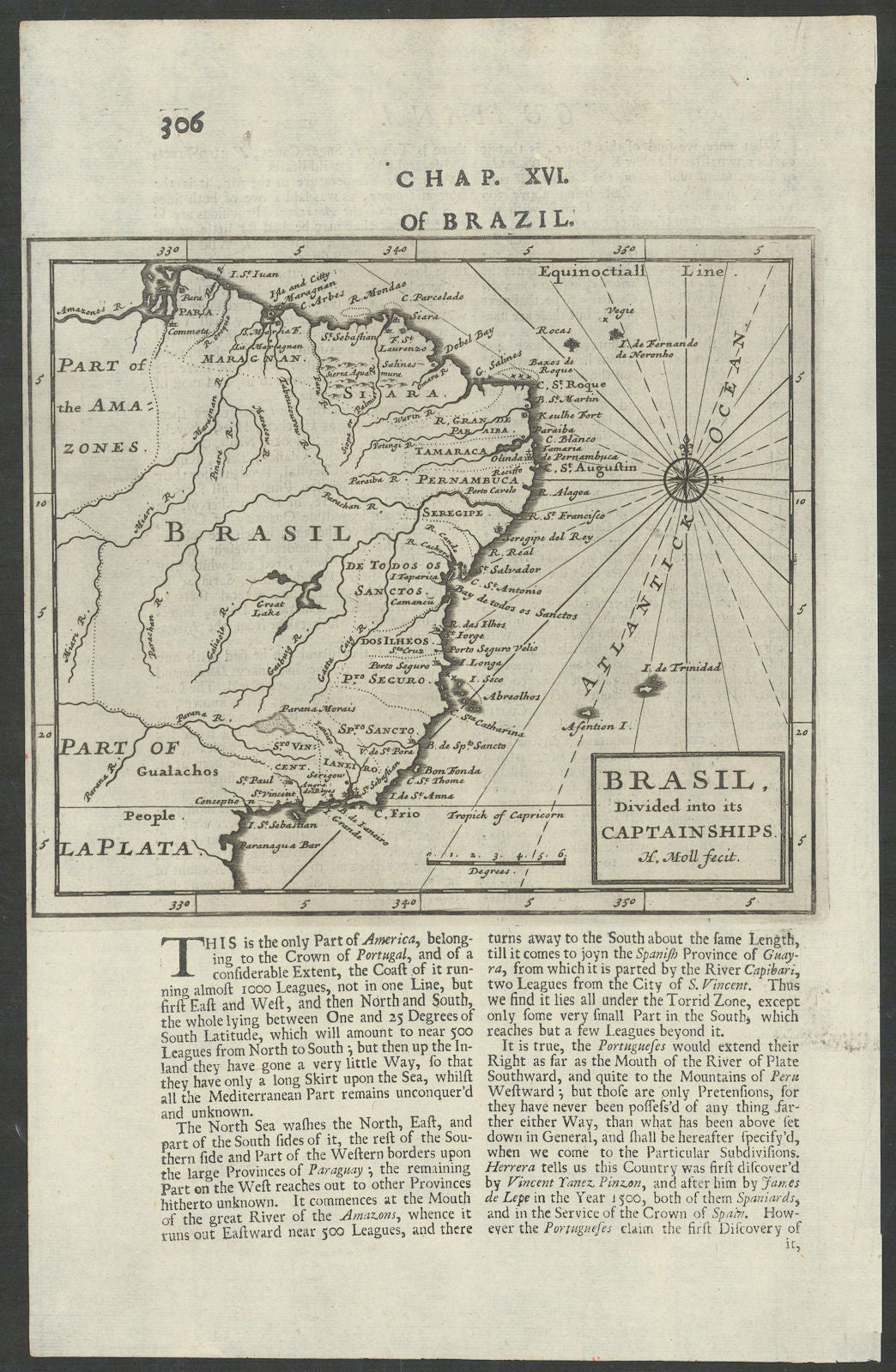 Brasil divided into its Captainships by Herman Moll. Brazil 1709 old map